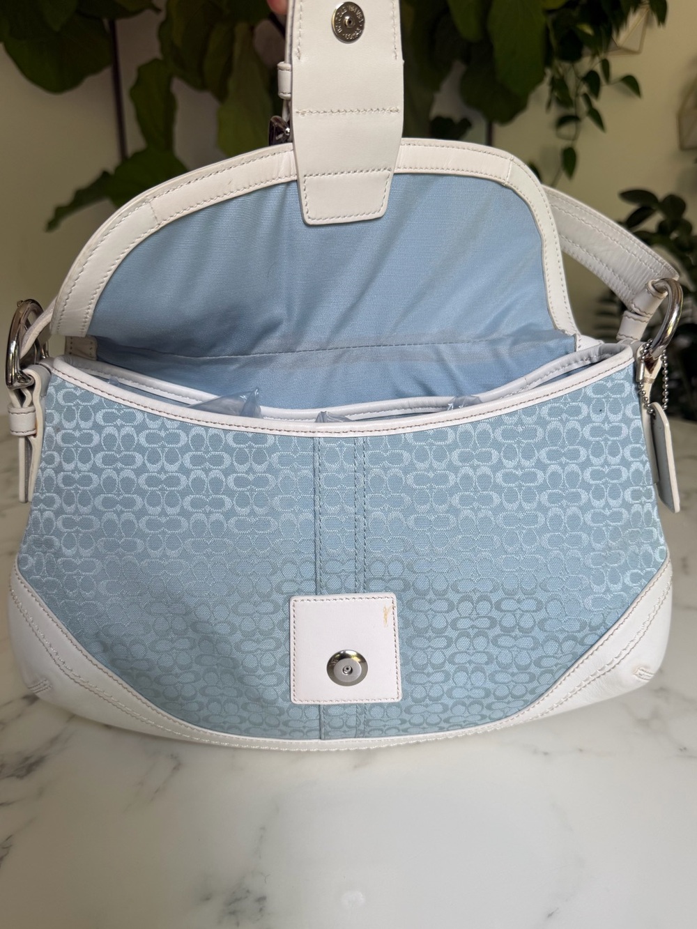 COACH Vintage Y2K Soho Mini Signature Medium Flap Shoulder Bag F109256 Sky Blue - Picture 9 of 16